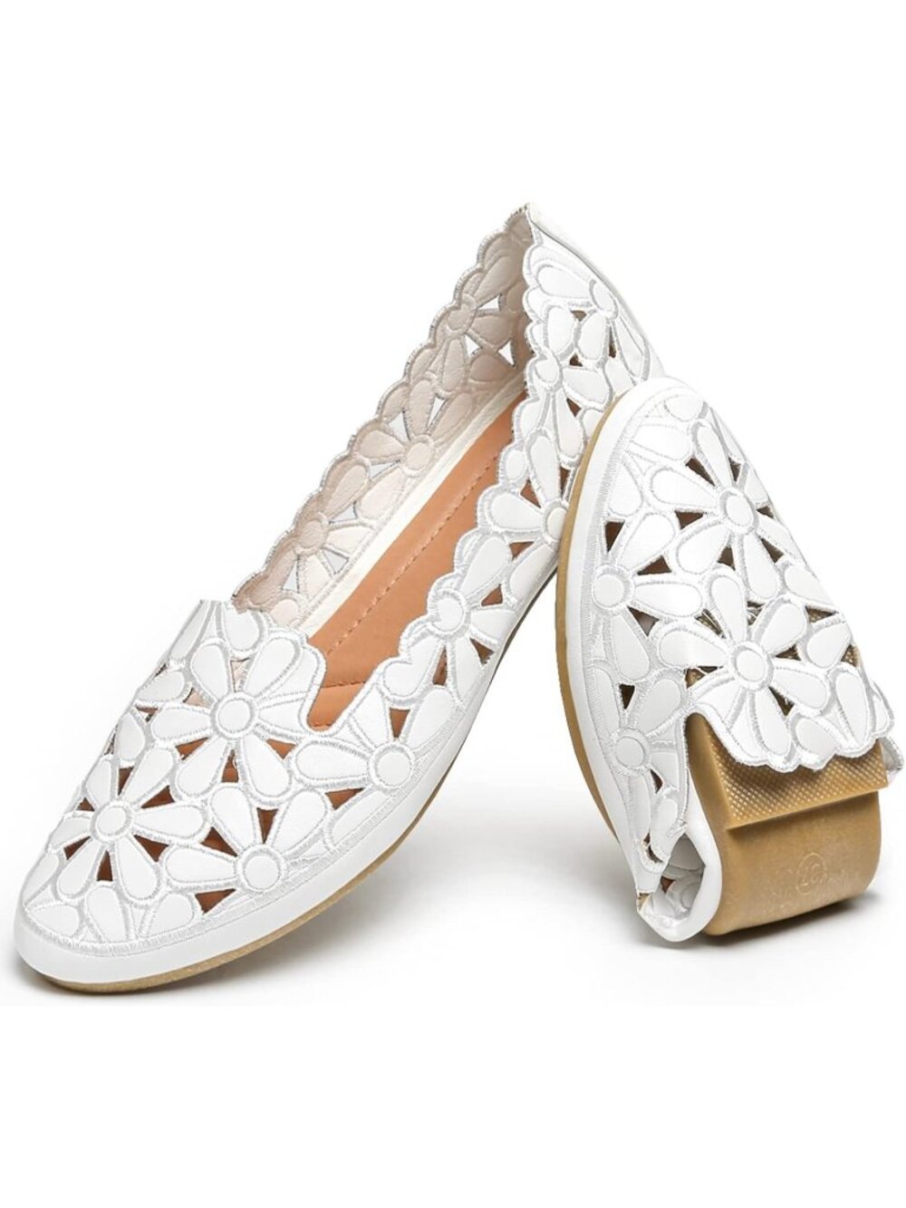 Women's Floral Ballet Flats White Slip On PU Leather Round Toe Dress Shoes